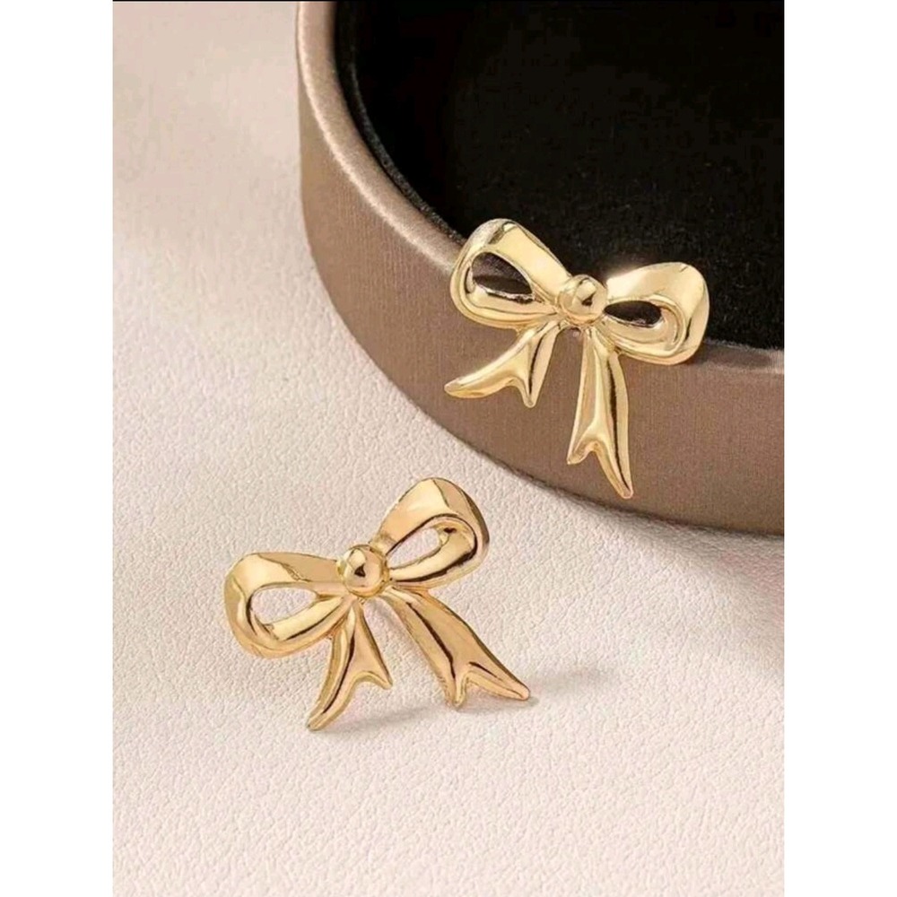 Gold Bow Stud Earrings Cute Dainty Fashion Jewelry Women's‎ Accessories